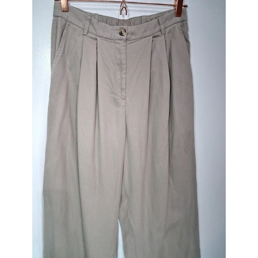The Drop Womens Khaki Tan Tencel Lyocell Pleated Wide Leg Pants M Elastic Back
